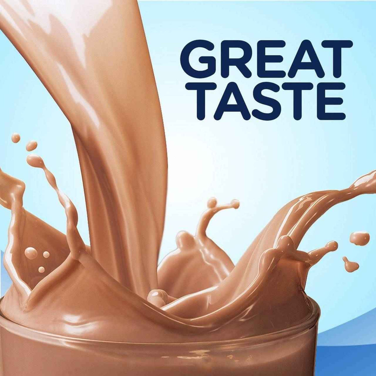 Milk chocolate shake splashing into a glass on a light blue background, with GREAT TASTE in bold dark blue text—featuring Abbott Nutrition’s Ensure Original Nutritional Shake, Milk Chocolate, 8 oz Bottle, CS/24 for complete balanced nutrition.