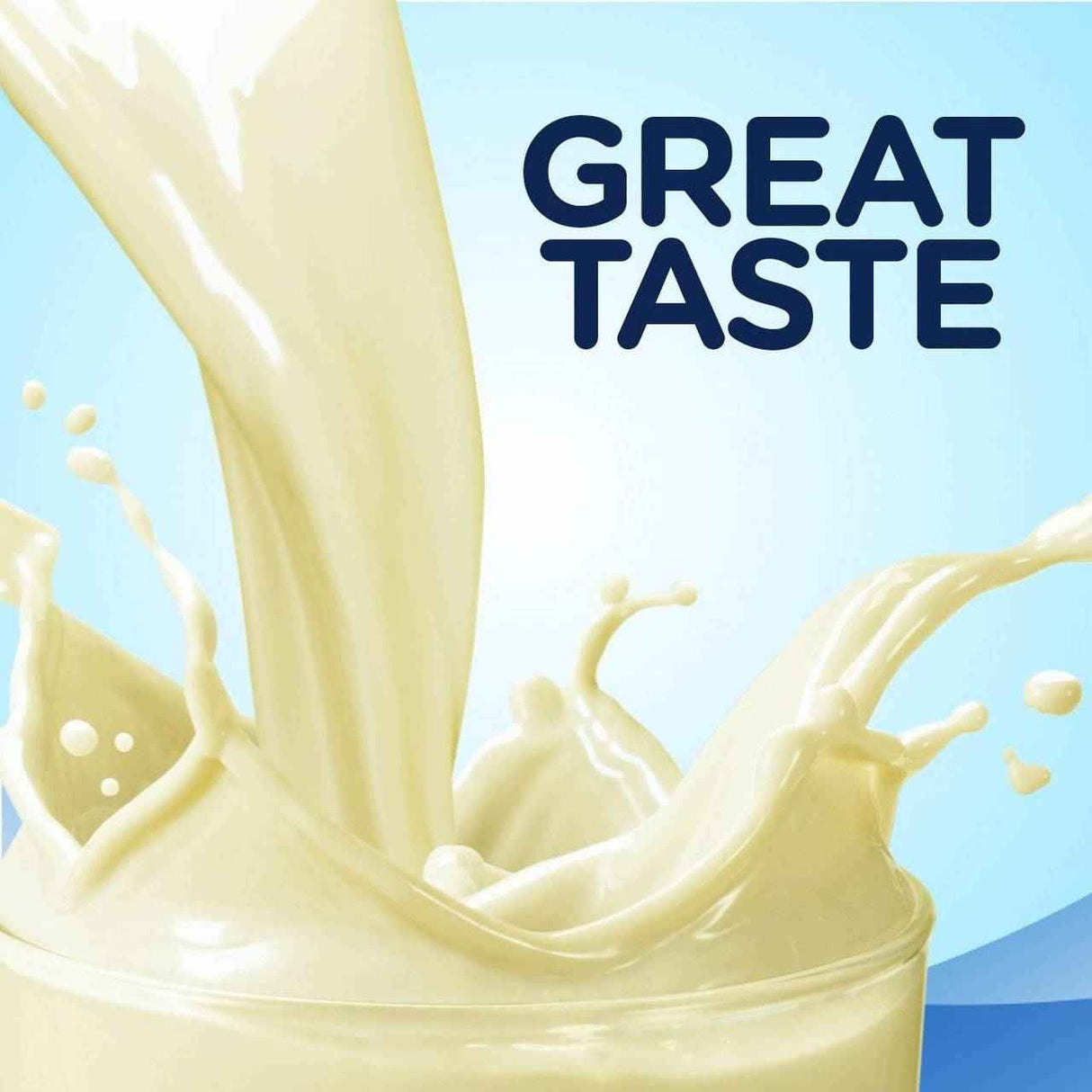 A bottle of Ensure Original Nutritional Shake, Vanilla (8 oz) by Abbott Nutrition splashes from a glass against a blue backdrop, highlighted with bold “GREAT TASTE” text in the upper right corner.