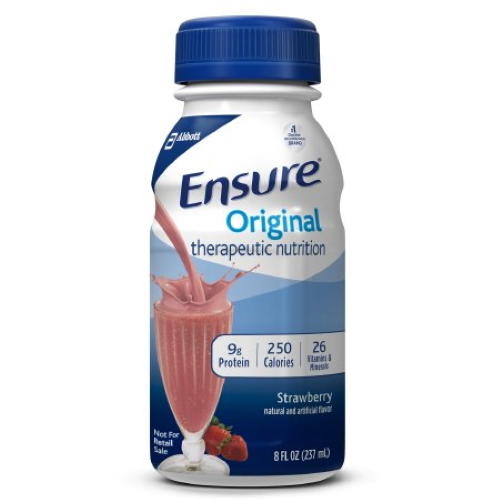 An 8 oz bottle of Ensure Original Therapeutic Shake, Strawberry from Abbott Nutrition is shown, featuring strawberries and a pink shake on the label. Each shake provides 9g protein, 250 calories, and 26 vitamins & minerals. Packaged CS/24.