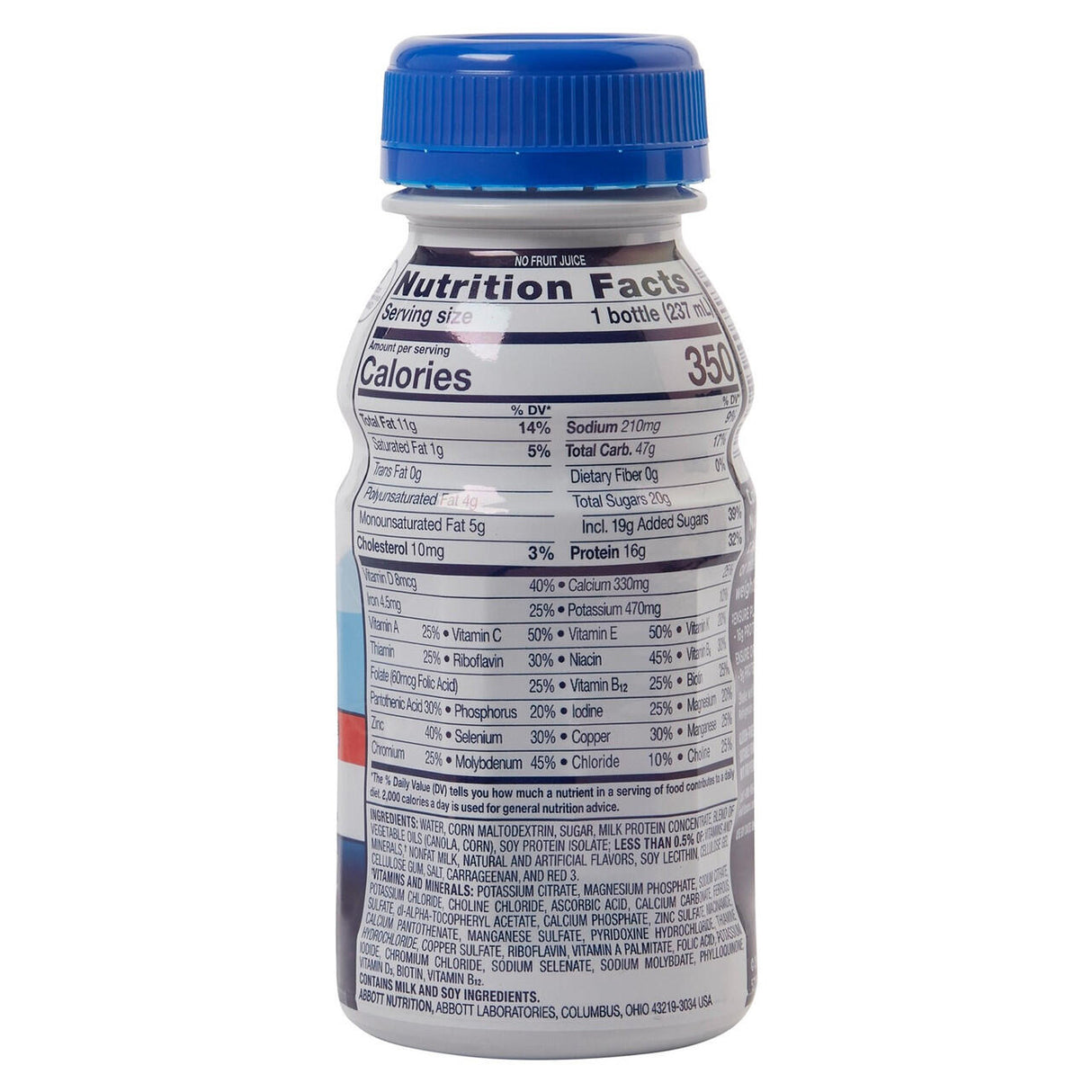 A plastic 8 oz Ensure Plus Nutritional Shake bottle, Strawberry flavor by Abbott Nutrition, features a blue cap and partially visible logo. The Nutrition Facts label lists 350 calories plus protein, vitamins, minerals, and other details per serving.