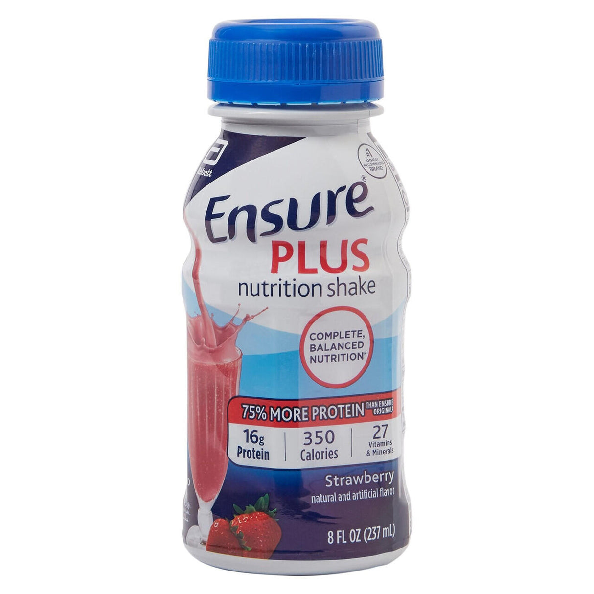 An 8 oz bottle of Abbott Nutrition Ensure Plus Nutritional Shake, Strawberry—complete balanced nutrition with 16g protein, 350 calories, and 27 vitamins & minerals. Features a blue cap and a splash of strawberry shake on the label. Packaged CS/24.