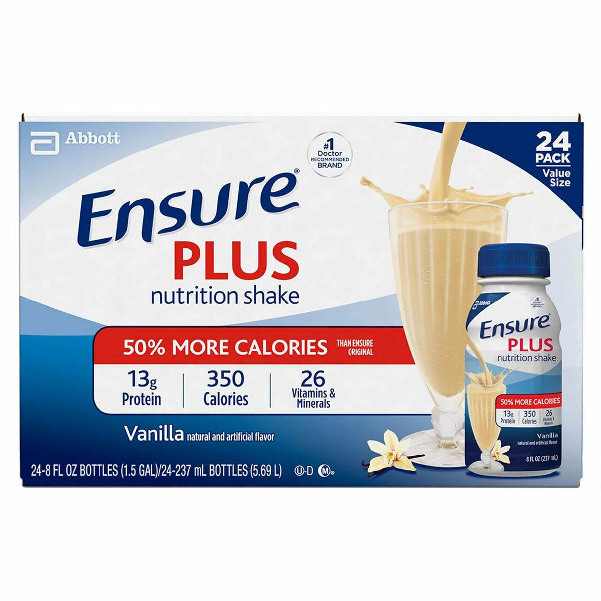 A 24-pack of Ensure Plus Therapeutic Nutritional Shake, Vanilla, from Abbott Nutrition. Each 8 oz bottle provides 13g protein, 350 calories, and 26 vitamins and minerals—50% more calories for meal replacement or extra nutrition.