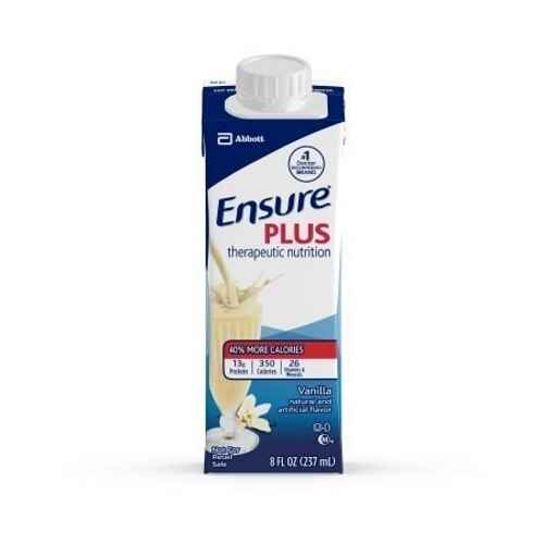 Ensure Plus Therapeutic Nutritional Shake, Vanilla, 8 oz Carton by Abbott Nutrition provides 350 calories, 13g protein, and 26 vitamins and minerals per serving for complete balanced nutrition. Features a vanilla shake and vanilla flower on the label.