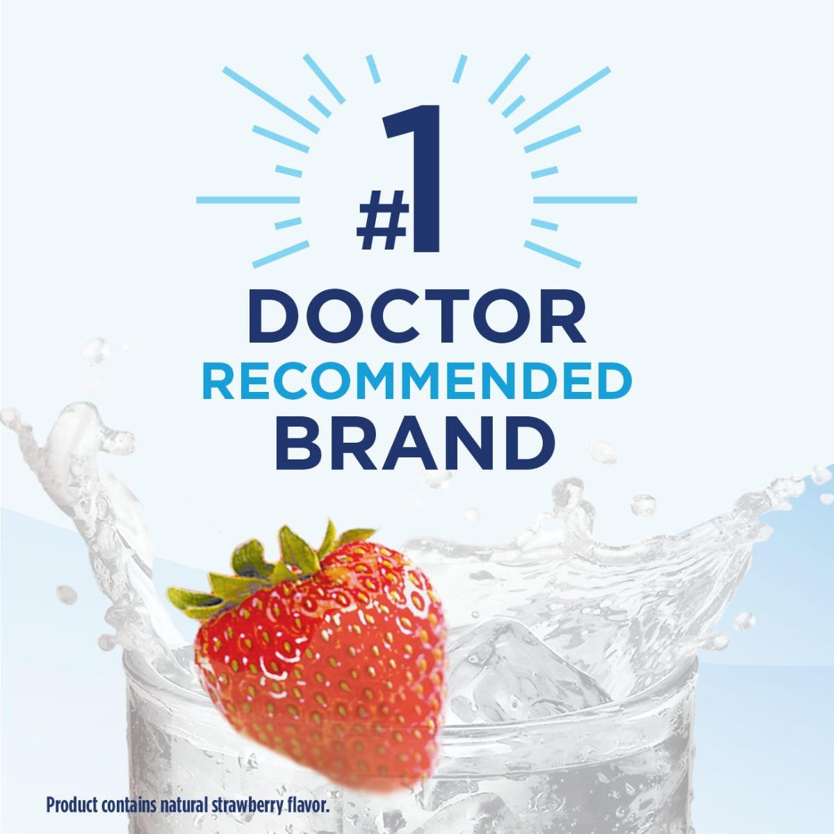 A fresh strawberry splashes into water with the text: #1 Doctor Recommended Brand. Bottom text: Product contains natural strawberry flavor. Enjoy as Abbott Nutrition Ensure Pre-Surgery Clear Carbohydrate Drink, Strawberry, 10 oz Bottle.