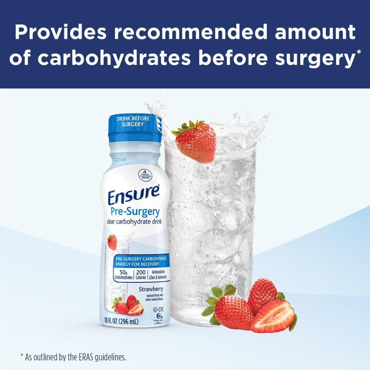 A 10 oz bottle of Ensure Pre-Surgery Clear Carbohydrate Drink, Strawberry by Abbott Nutrition stands beside a glass of ice water with strawberries and mint, with text: “Provides recommended amount of carbohydrates before surgery.”.