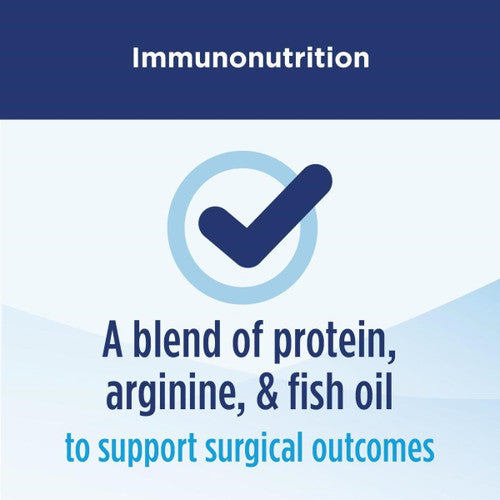 A graphic for Abbott Nutritions Ensure Surgery Immunonutrition Shake, Vanilla, 8 oz, CS/24, shows a checkmark with text: A blend of high-quality protein, arginine & fish oil to support surgical outcomes.