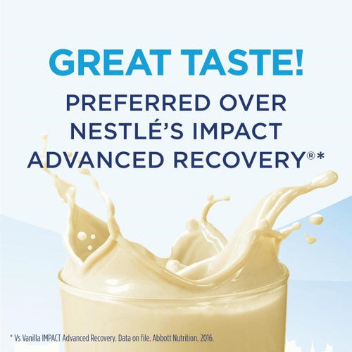 A vanilla Ensure Surgery Immunonutrition Shake by Abbott Nutrition is poured into a glass, with text above: Great taste! This high-protein shake is preferred over Nestlé’s Impact Advanced Recovery®.
