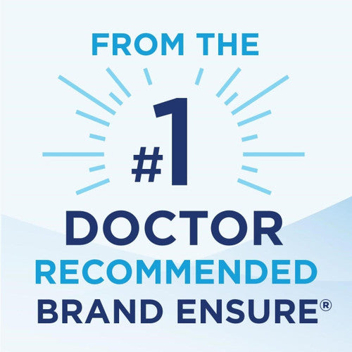 Text graphic reads: From Abbott Nutrition, Ensure Surgery Immunonutrition Shake, Vanilla, 8 oz Carton (CS/24), featuring immunonutrition shake benefits and sunburst lines around the number one. Background is light blue and white.