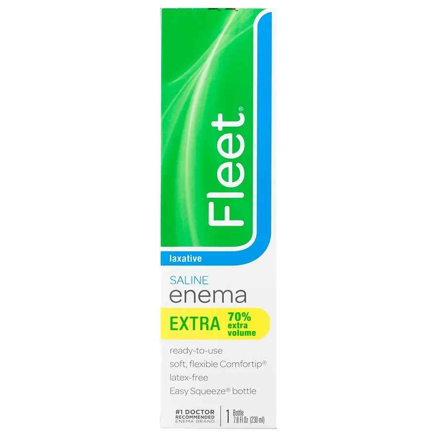 Fleet Saline Enema, Extra Volume 7.8 oz by Fleet provides constipation relief with 70% extra volume. It is ready-to-use, latex-free, and comes in green and white packaging with clear product details.