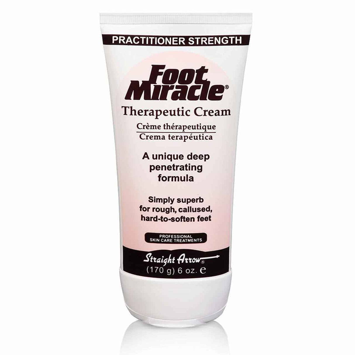 A 6 oz tube of Straight Arrow Foot Miracle Foot Moisturizer Cream, labeled Practitioner Strength, for rough, callused feet. Features English, French, and Spanish text and a deep-penetrating formula for dry feet.