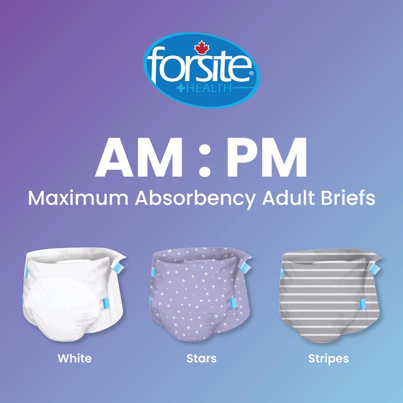 Three Forsite Health Forsite AM:PM Adult Diapers w/ Plastic Backing in white, stars, and stripes designs are displayed on a purple gradient background, featuring text about maximum absorbency for reliable overnight protection.