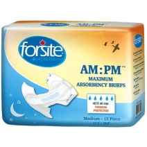 Forsite Health Forsite AM:PM Adult Diapers w/ Plastic Backing, medium, 12-pack. Blue and yellow pack with flying birds image; offers maximum absorbency for reliable overnight protection.