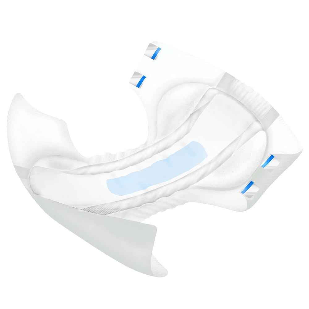 The Forsite Health Forsite AM:PM Adult Diapers w/ Plastic Backing feature curved elastic sides, inner absorbent padding for maximum absorbency, blue adhesive tabs, and a light blue central absorbent strip, shown against a white background.