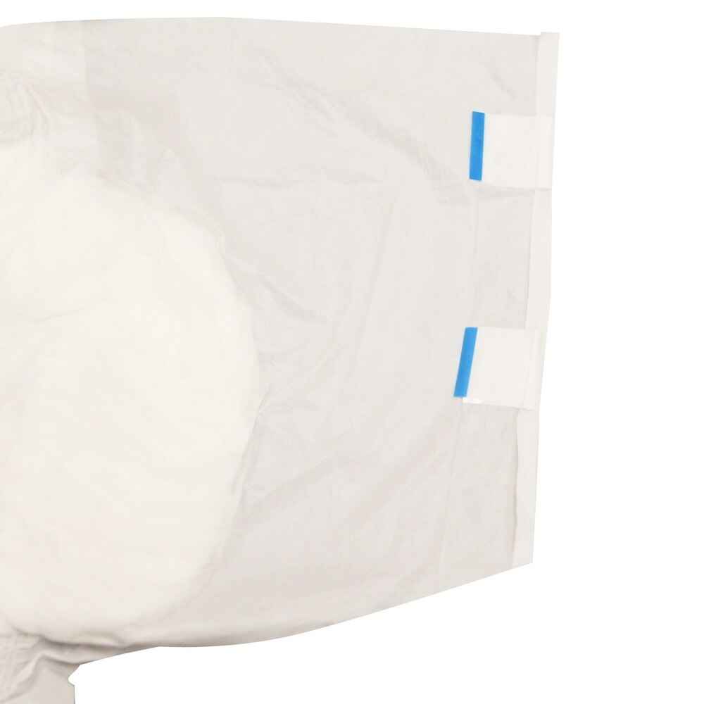 Close-up of Forsite Healths Forsite AM:PM Adult Diapers w/ Plastic Backing, featuring blue adhesive tape fasteners and the edge of maximum absorbency padding. The white disposable brief offers secure overnight protection.