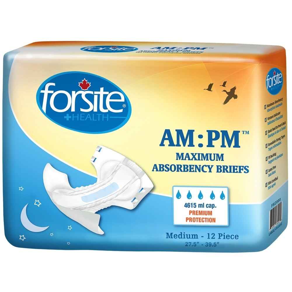 A 12-pack of Forsite Health Forsite AM:PM Adult Diapers w/ Plastic Backing, medium size, 4615ml absorbency. Blue packaging shows a brief illustration, water droplets, moon, stars & flying birds for overnight protection.