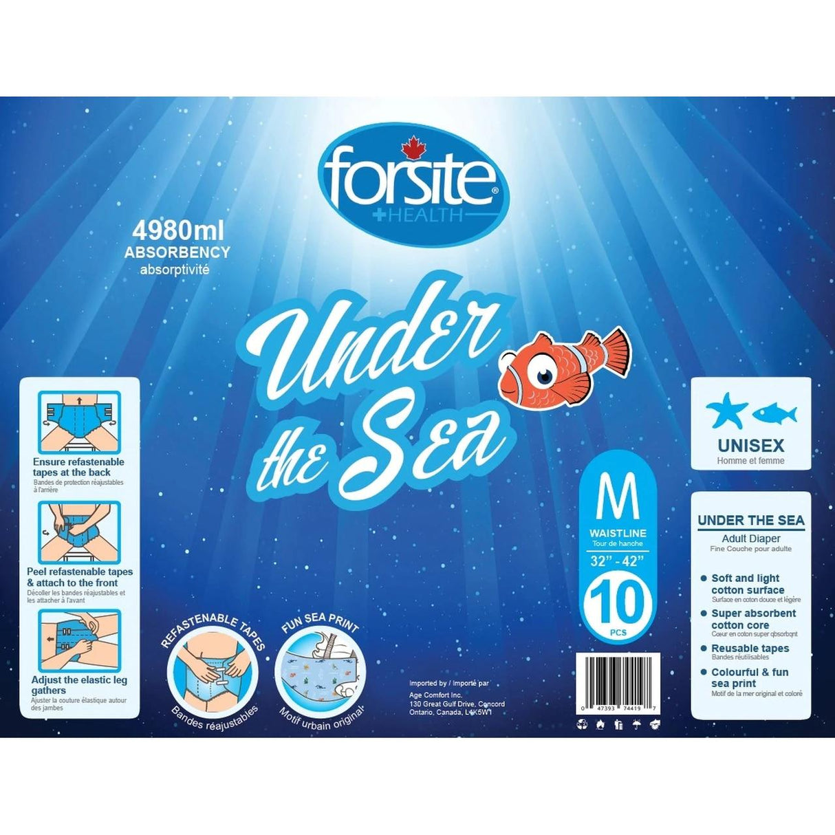 Forsite Health AM:PM Adult Diapers w/ Plastic Backing, Under the Sea, size M (32–42” waist), 10-pack, 4980ml absorbency. Blue package with cartoon fish; reusable tabs, fun sea print, unisex design—ideal for incontinence.