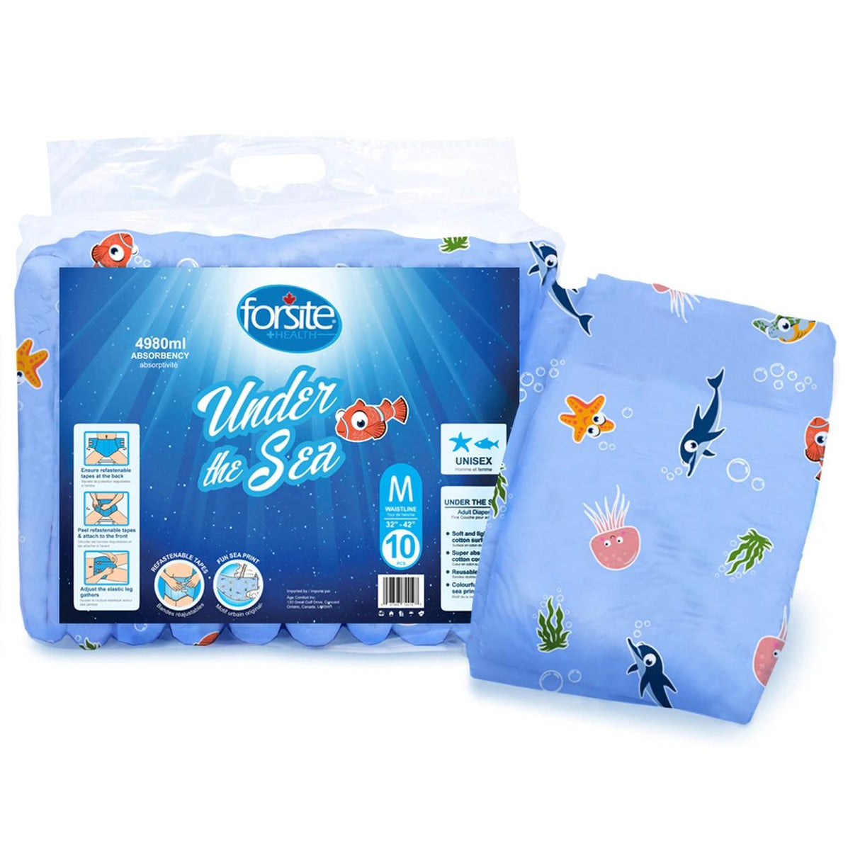A pack of Forsite Health AM:PM Adult Diapers with Plastic Backing, Under the Sea, size medium, featuring colorful sea creatures on blue packaging, offers maximum absorbency and incontinence protection with illustrated product details.