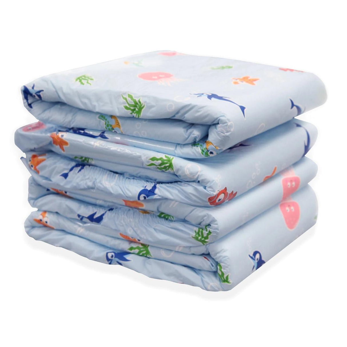 A stack of four Forsite Health Forsite AM:PM Adult Diapers w/ Plastic Backing, Under the Sea, features light blue briefs with colorful sea creature prints and offers maximum absorbency for incontinence needs.