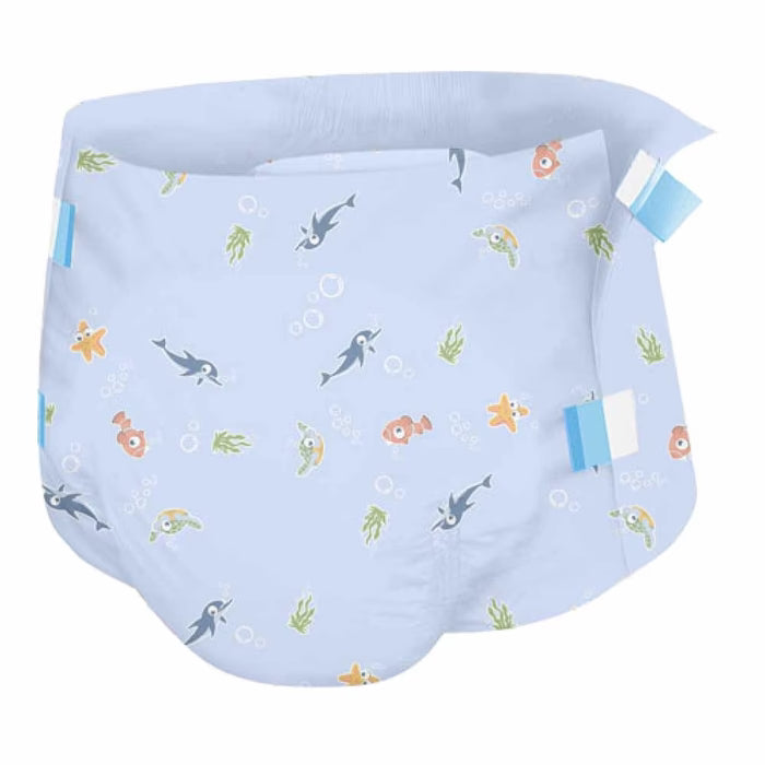 The Forsite Health Forsite AM:PM Adult Diapers w/ Plastic Backing, Under the Sea, are light blue disposable ABDL briefs with fish, dolphins, seaweed, starfish, bubbles, blue and white tabs, and offer maximum absorbency for incontinence.