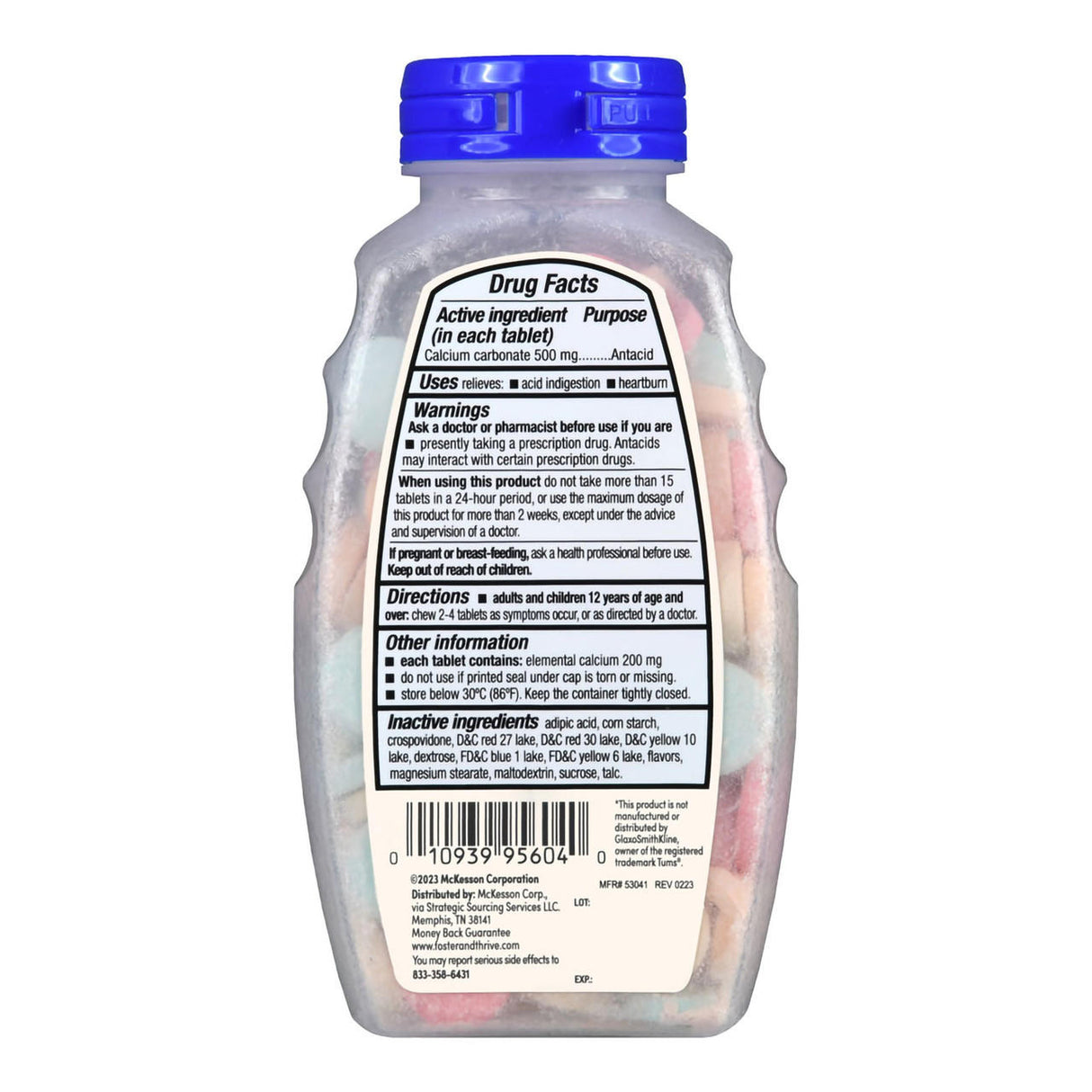 A white plastic bottle with a blue cap labeled Foster & Thrive Chewable Antacid Tablets, 500 mg Strength, 150 ct by McKesson displays Drug Facts for heartburn relief using Calcium Carbonate, listing active ingredients, uses, warnings, directions, and info.