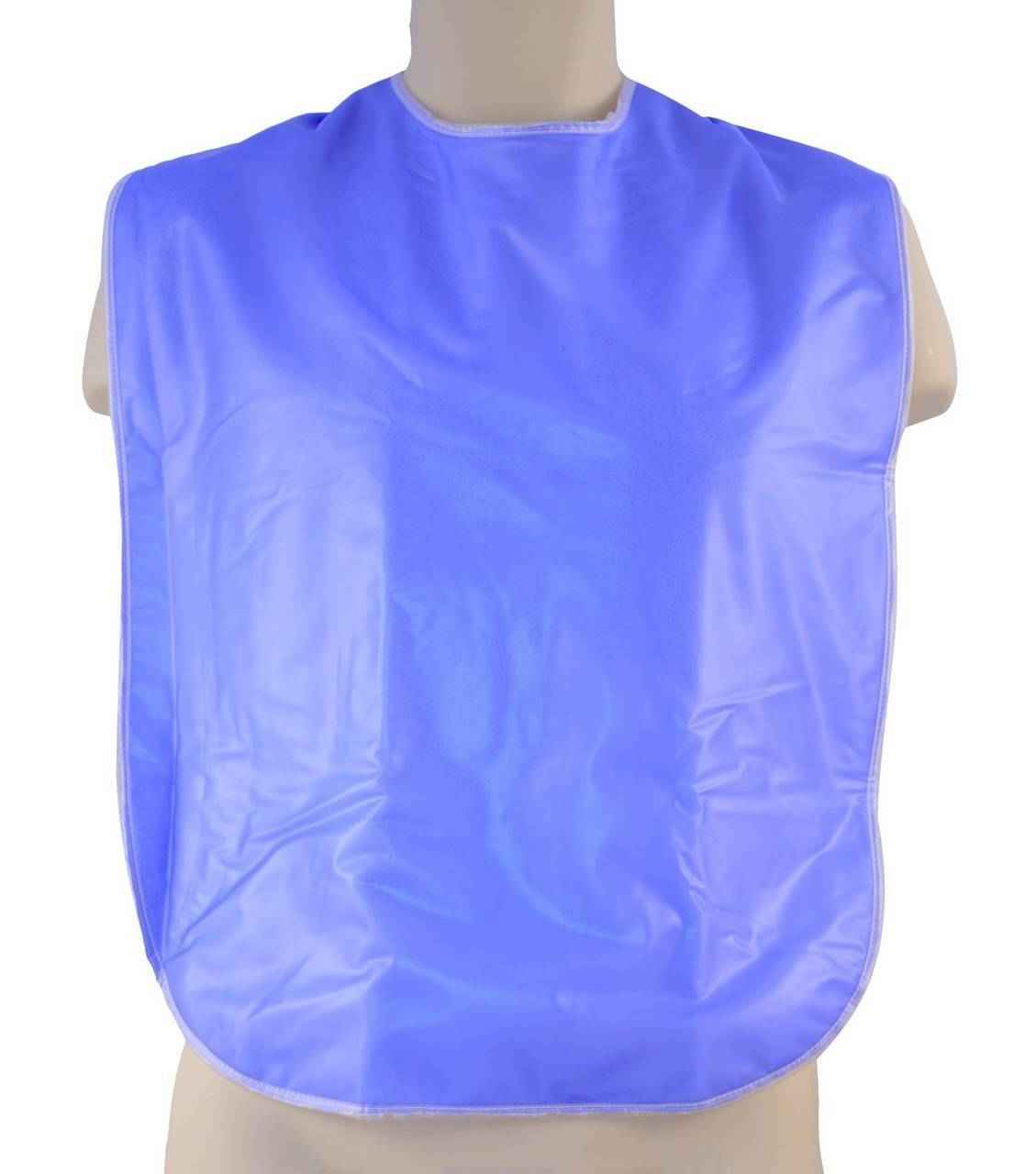 A mannequin wears the Gary Adult Plastic Bib by Gary, a shiny light blue waterproof protector with rounded edges that covers the chest and upper torso.