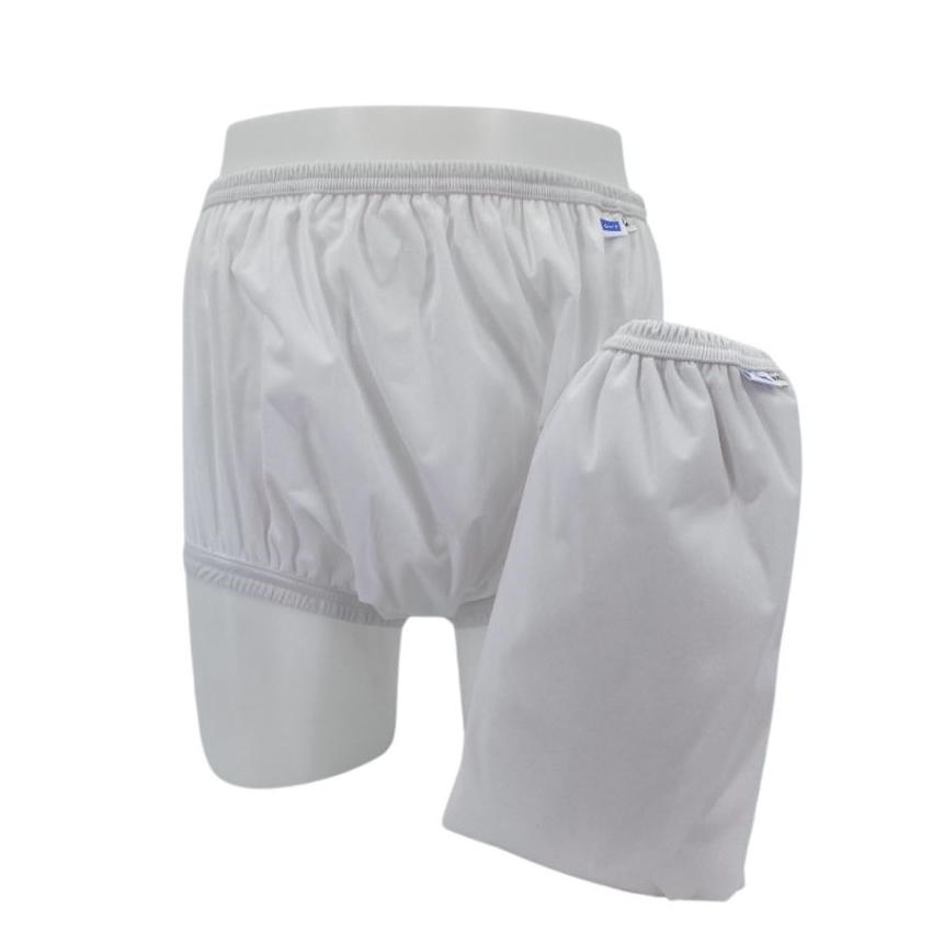The Gary Comfort PUL Pull-On Incontinence Pants by Gary, shown in white on a mannequin with an extra pair to the right, feature an elastic waistband for comfort and provide reliable protection.