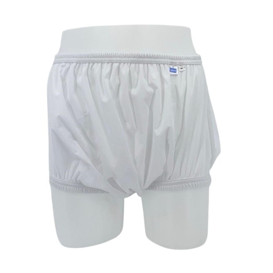 A mannequin wearing Gary Comfort PUL Pull-On Incontinence Pants by Gary, featuring loose-fitting white material with elastic waist and leg openings for comfortable, protective incontinence wear.