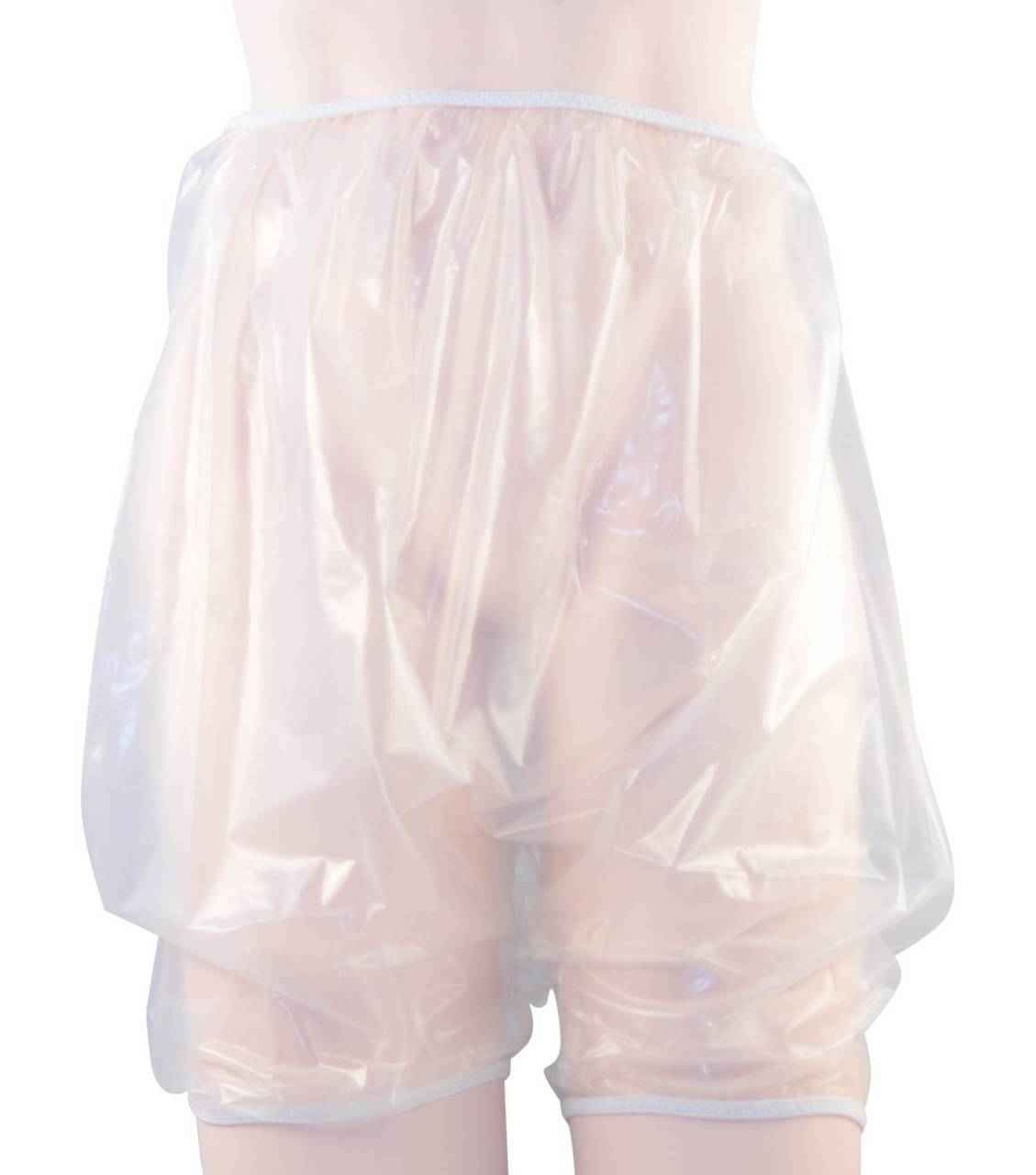 A person wearing Gary Pull-On Euroflex Urethane Bloomers by Gary, seen from waist to mid-thigh. The translucent material is loose and gathered at the waist and leg openings, resembling waterproof bloomers.