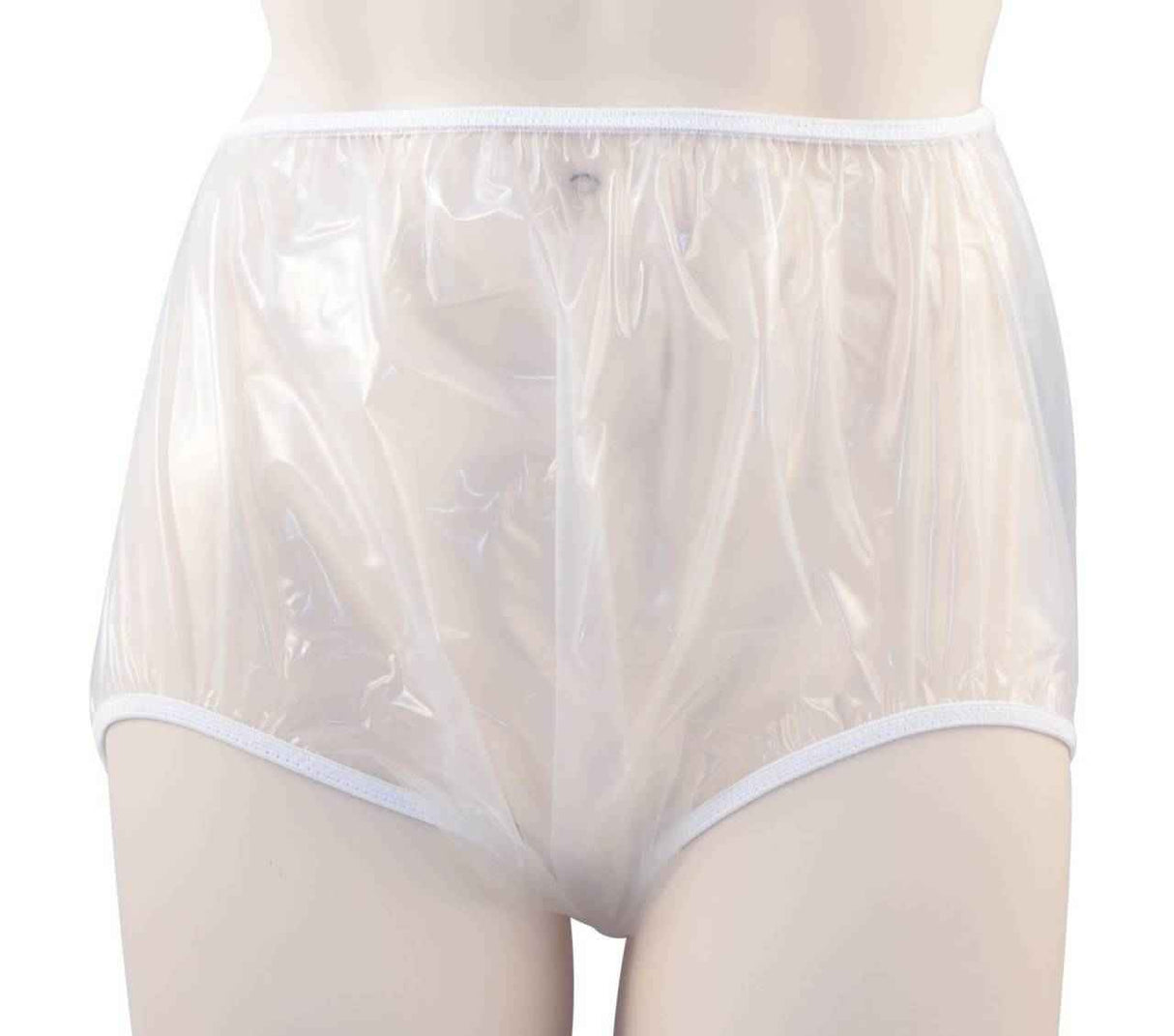 A mannequin wears Gary Pull-On Euroflex Urethane Pants by Gary, featuring high-waisted clear plastic material and white elastic trim at the waist and leg openings.