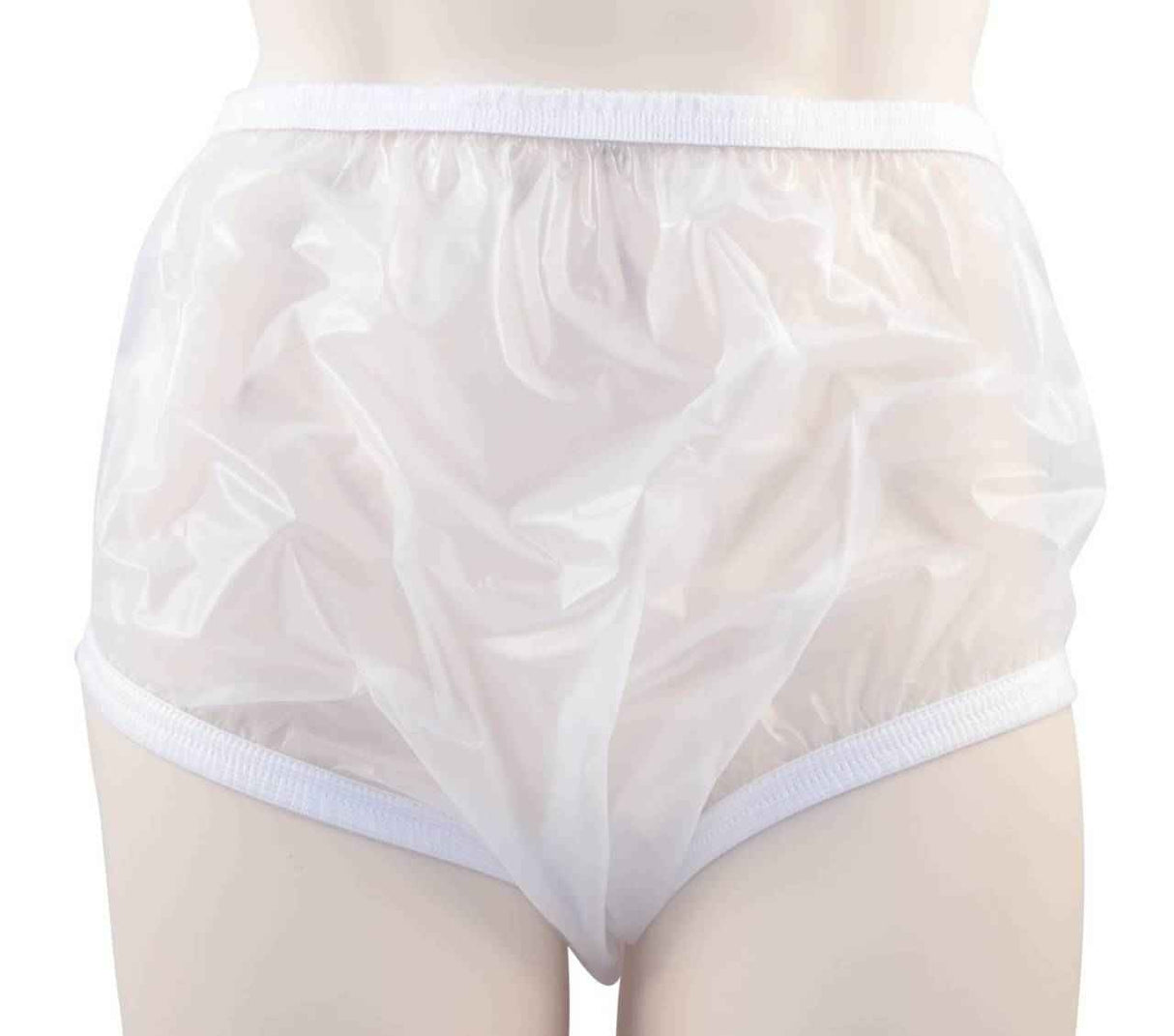A close-up of a person wearing Gary Pull-On High Back Enclosed Elastic Plastic Pants by Gary, showing the elastic waist and leg openings for incontinence protection. The image focuses on the midsection, with the face not visible.