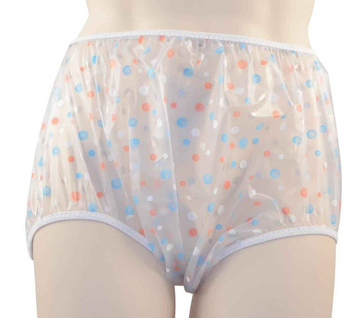 A close-up of a mannequin wearing the Gary Pull-On Plastic Pant - Clearance by Gary, featuring high-waisted, translucent plastic with blue, red, and white polka dots, plus white elastic trim at the waist and legs.