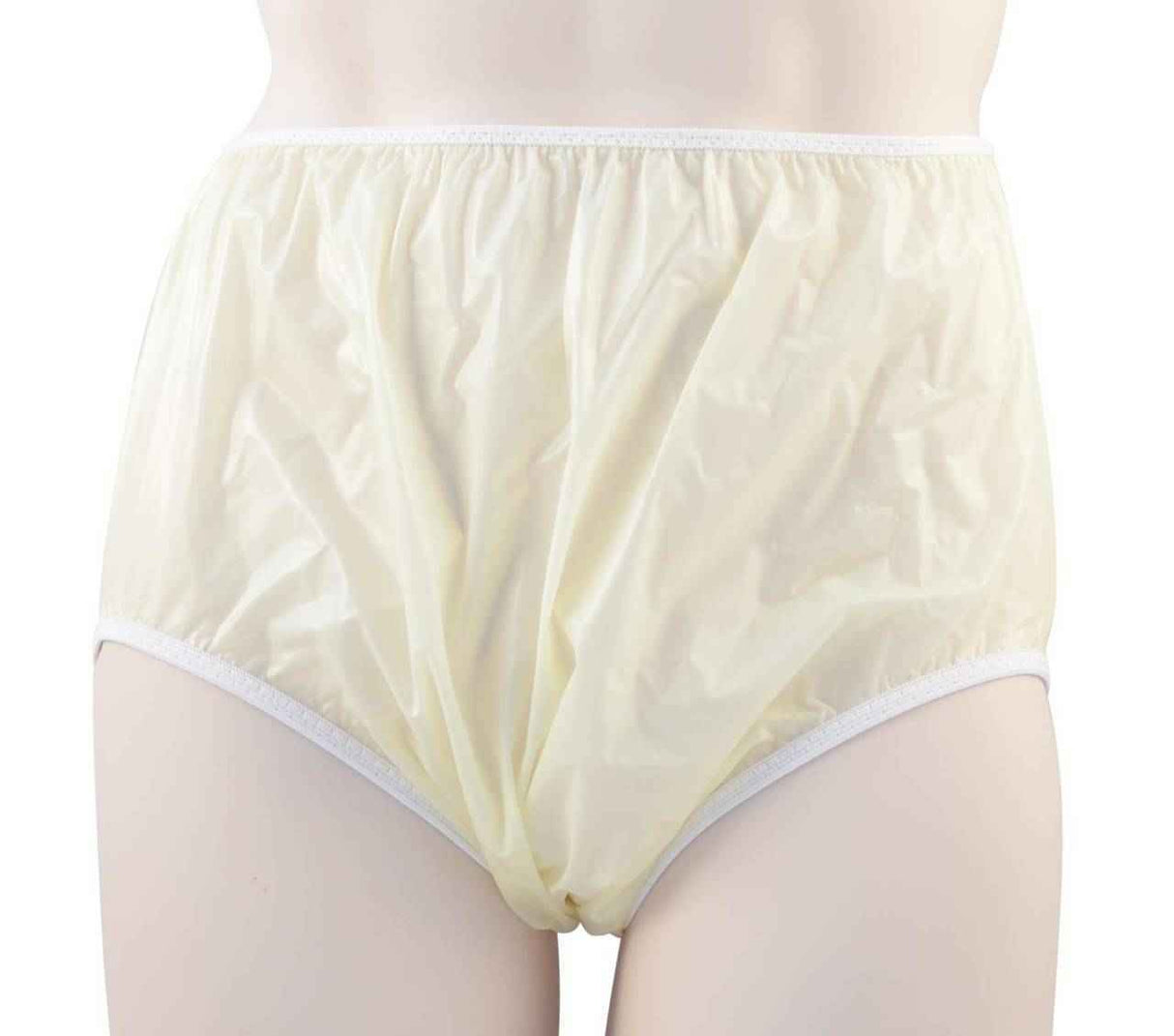 A close-up of a person wearing the Gary Pull-On Plastic Pant - Clearance by Gary, a high-waisted, light-colored garment for incontinence or protection. The plain background emphasizes how it covers the waist and hips.