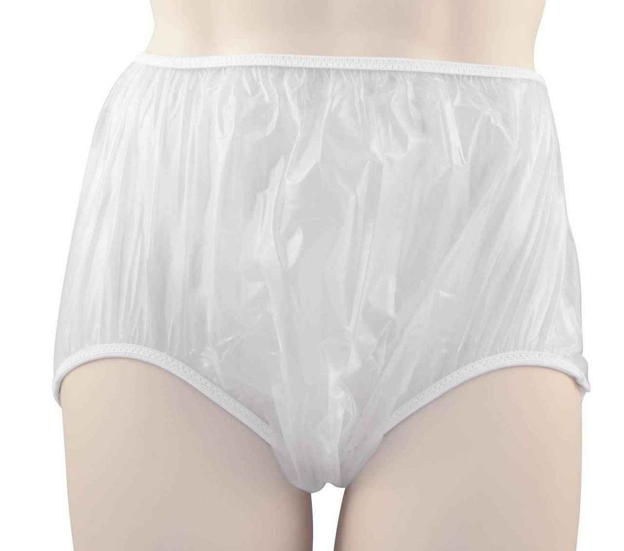 A person wearing Gary Pull-On Plastic Pants by Gary, high-waisted white protective underwear for incontinence. The image shows the pants from the waist to the upper thighs.