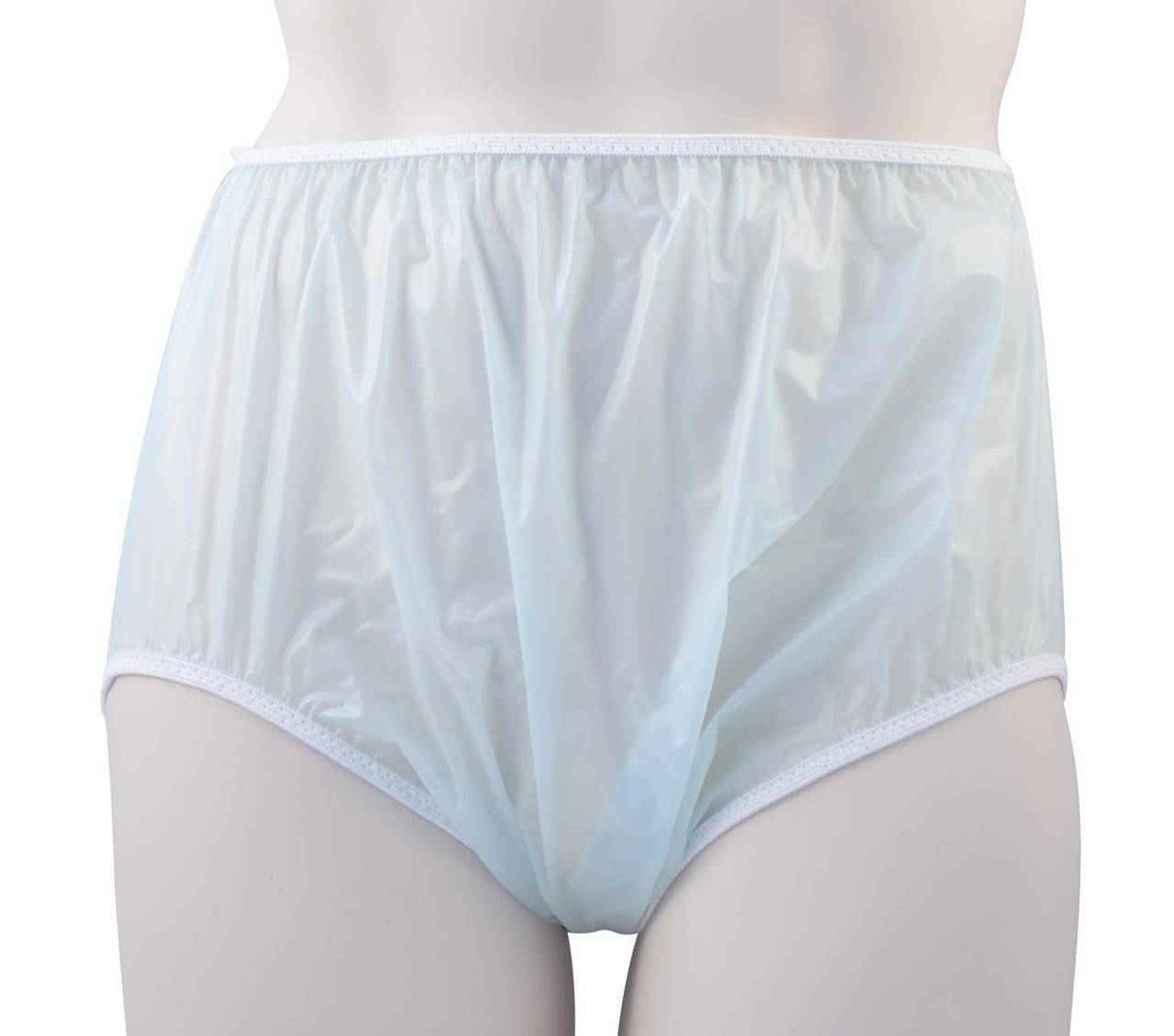 A mannequin displays the Gary Pull-On Plastic Pants by Gary—high-waisted, translucent white adult plastic pants featuring elastic at the waist and leg openings.