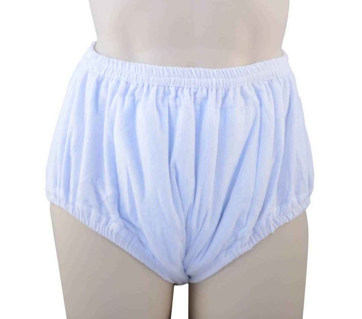 A mannequin wears the Gary Pull-On Reusable Adult Cloth Diaper by Gary, featuring a loose, high-waisted fit in light blue with elastic waistband and leg openings for comfortable incontinence protection.