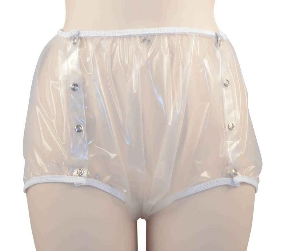 A person is shown from the waist to mid-thigh wearing Gary Snap-On Euroflex Urethane Pants by Gary—high-waisted, transparent plastic pants with white trim and side snap buttons, resembling a waterproof adult diaper cover.