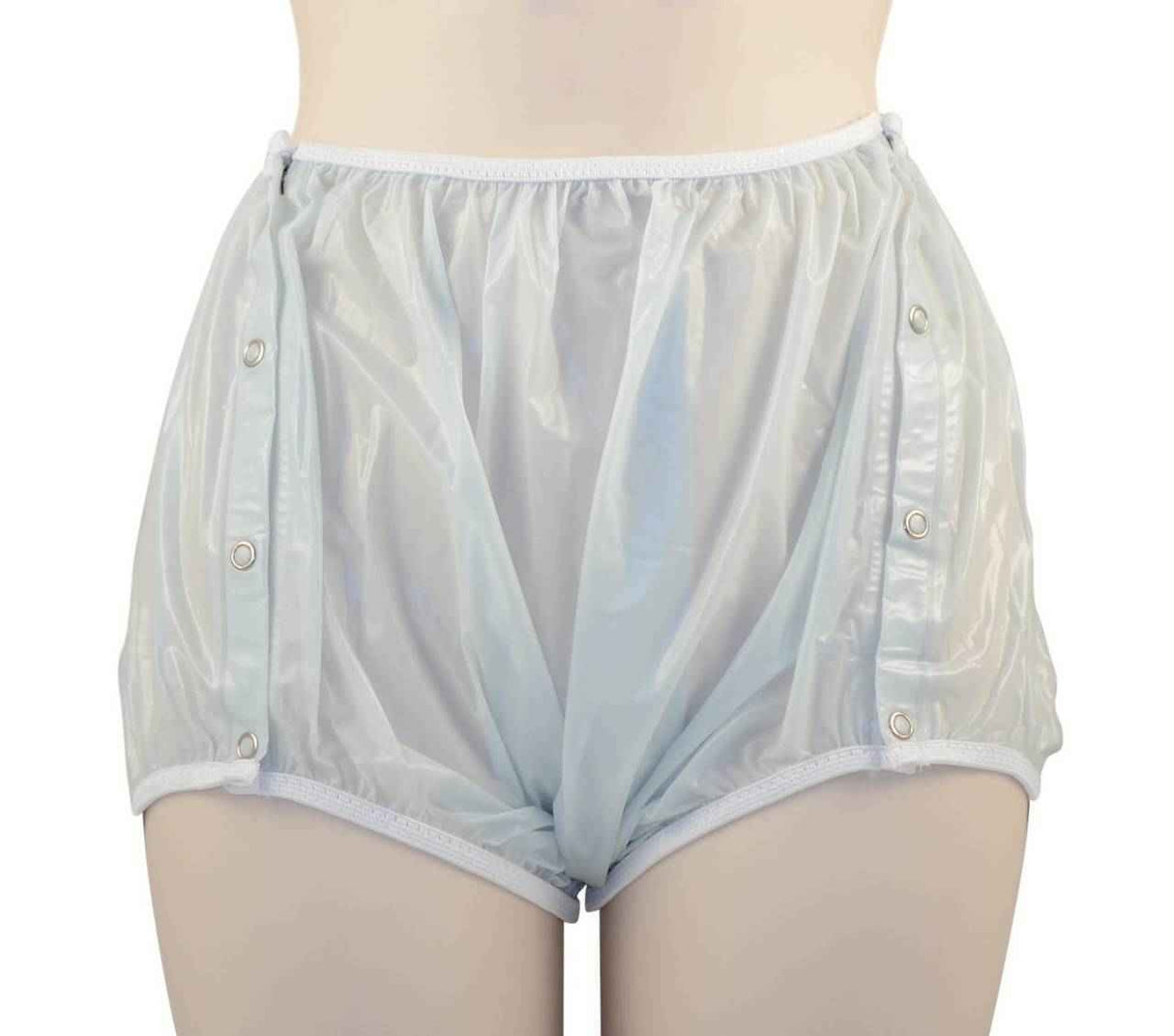 A mannequin models the Gary Snap-On Plastic Pant - Clearance by Gary, featuring high waists, side snap buttons, and white-trimmed openings, available from our Philadelphia warehouse.