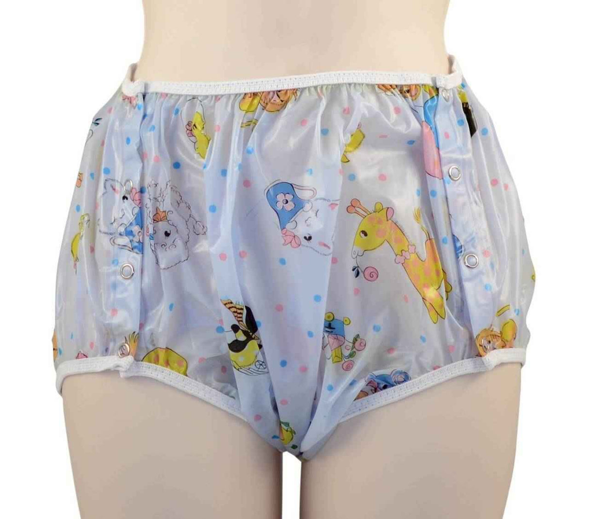 An adult mannequin models the Gary Snap-On Plastic Pant – Clearance by Gary, a translucent diaper cover with colorful cartoon animal prints, snap buttons, and white trim. Available as a clearance item in our Philadelphia warehouse.