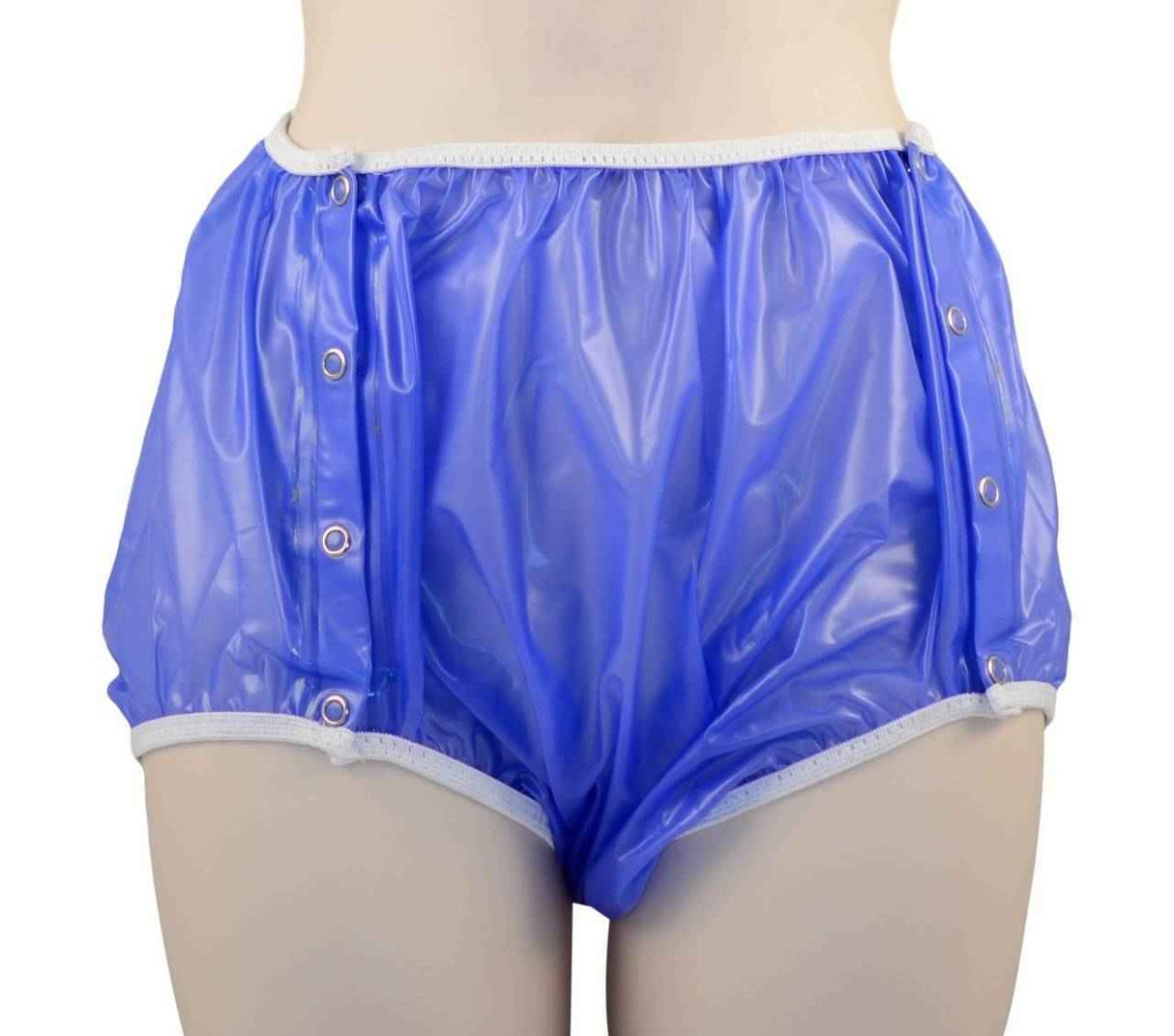 A close-up of a mannequin wearing Gary Snap-On Plastic Pants by Gary—shiny blue adult diaper covers with white trim and side snap buttons, designed for effective incontinence protection.