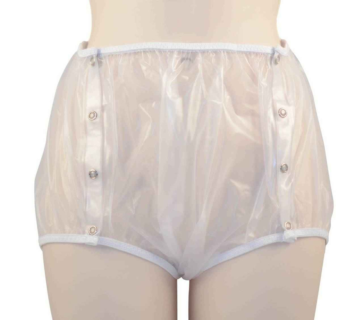 A mannequin is wearing Gary Snap-On Plastic Pants by Gary—transparent, high-waisted adult incontinence pants with white trim and side snap buttons.