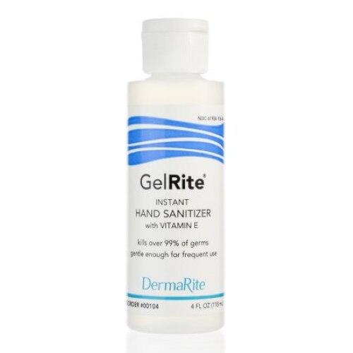 A 4 oz squeeze bottle of GelRite Ethyl Alcohol Hand Sanitizer with Vitamin E by DermaRite, featuring a white label with blue accents and text stating it kills germs and is gentle for frequent use.