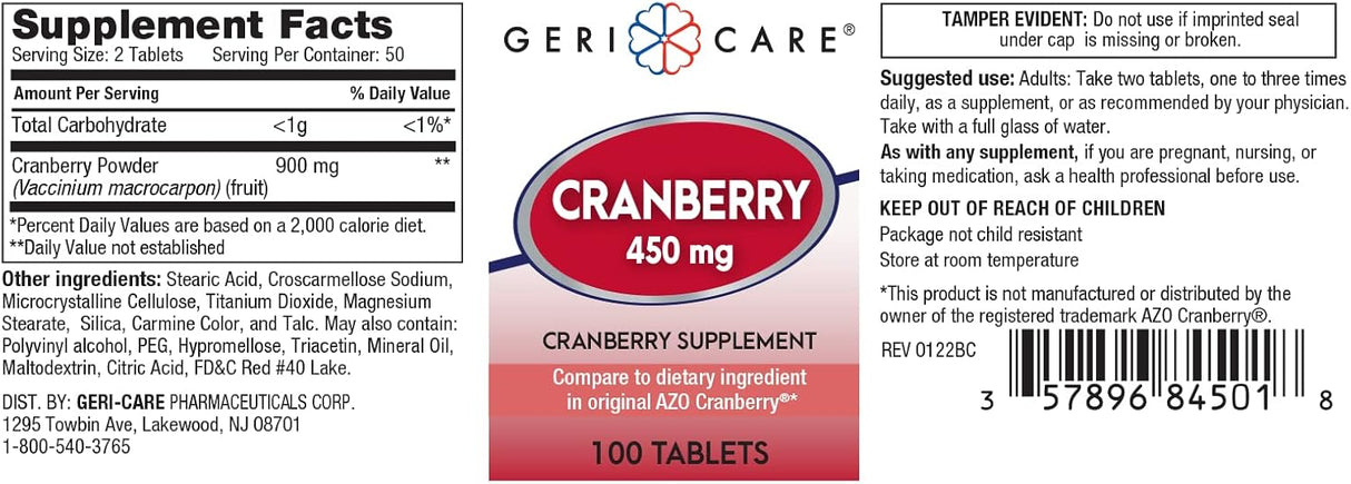 Geri - Care Cranberry Dietary Supplement, 450 mg - 845-01-GCP-Single - LL Medico