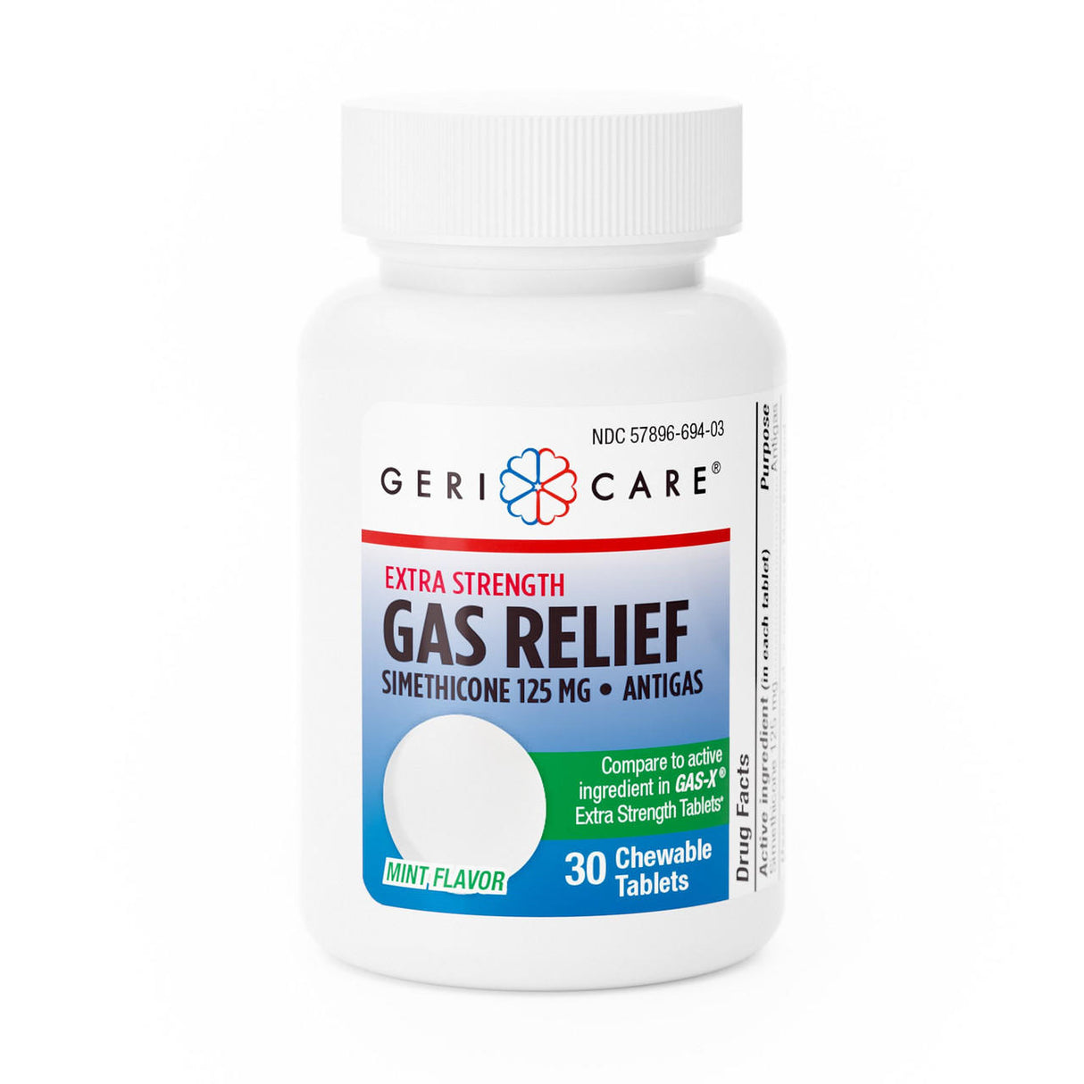 A white bottle of McKesson Geri-Care Gas Relief Tablets, 125 mg, Mint Flavor, contains 30 chewable simethicone tablets for bloating and antigas relief. The label shows blue and red text with a colorful logo at the top.