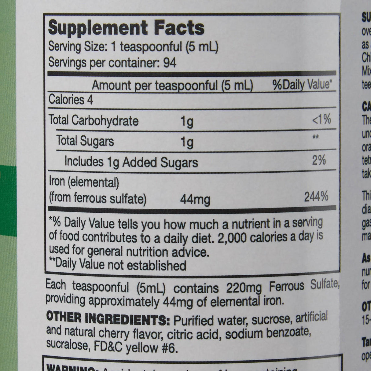 Supplement Facts for McKesson Geri-Care Iron Supplement, 220 mg, 16 oz elixir: Serving size 1 tsp (5 mL), 94 servings per bottle; each serving provides 4 calories, 1g carb (1g added sugar), and 44mg iron (244% DV).