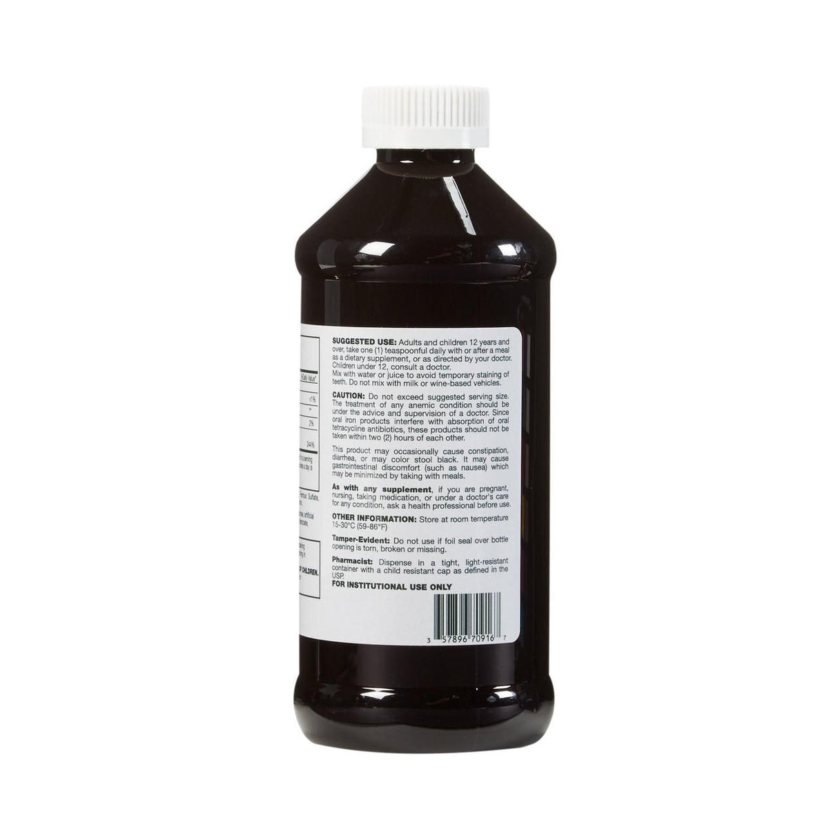 A 16 oz bottle of McKesson Geri-Care Iron Supplement, 220 mg elixir, featuring a white cap and label with dosage and caution details. The liquid inside the bottle appears dark.