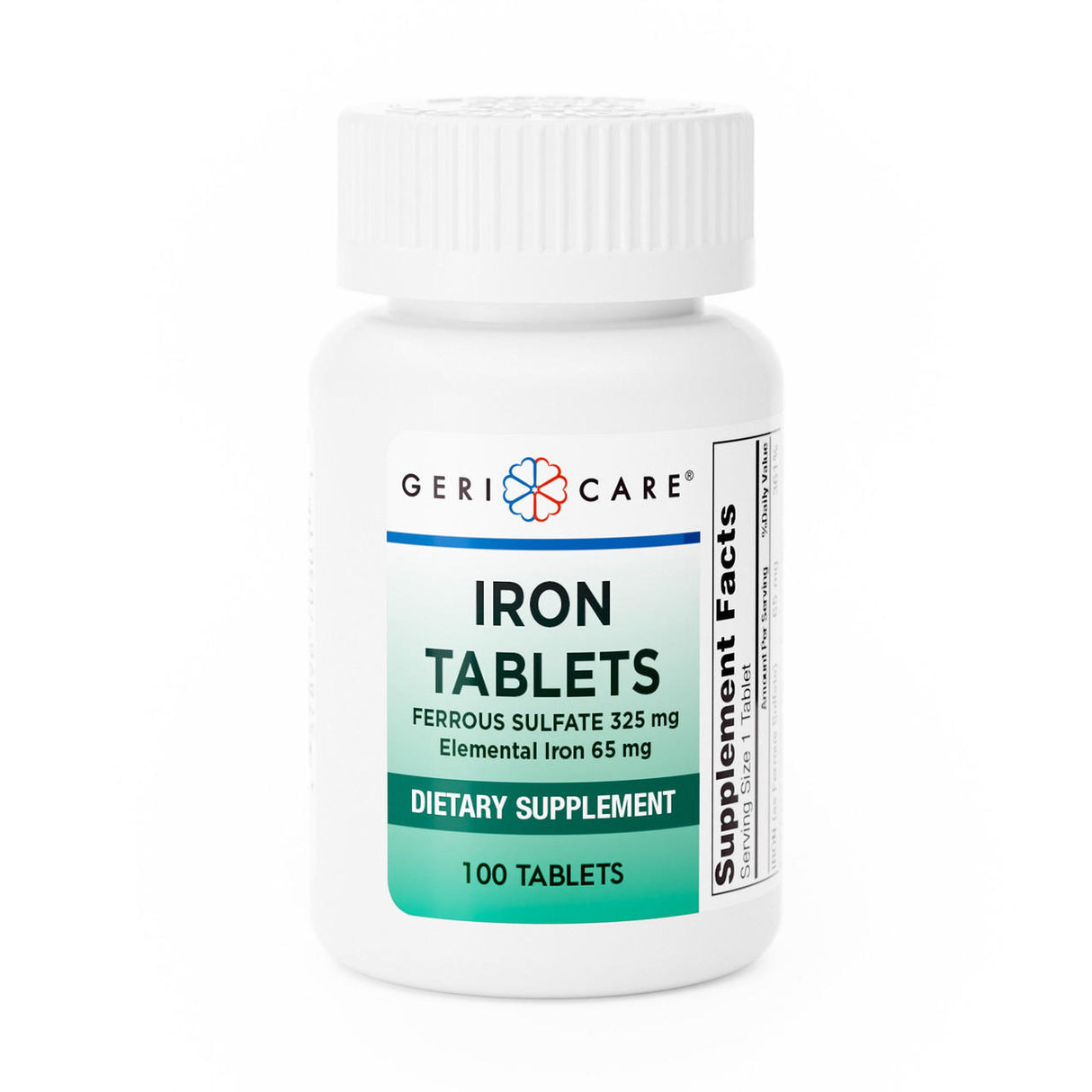 A white bottle of McKesson Geri-Care Iron Supplement, 325 mg (ferrous sulfate, elemental iron 65 mg), dietary supplement, 100 tablets. Similar use to Ferrous Gluconate Tablets. Part of the Supplement Facts label is shown.
