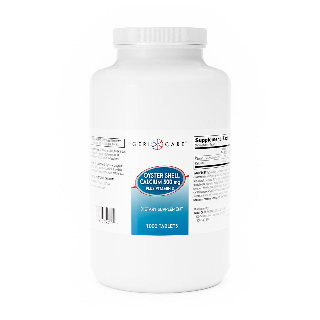 A large white bottle labeled McKesson Geri-Care Joint Health Supplement, Oyster Shell Calcium plus Vitamin D, 1000 ct, with supplement facts and ingredients printed on the side.