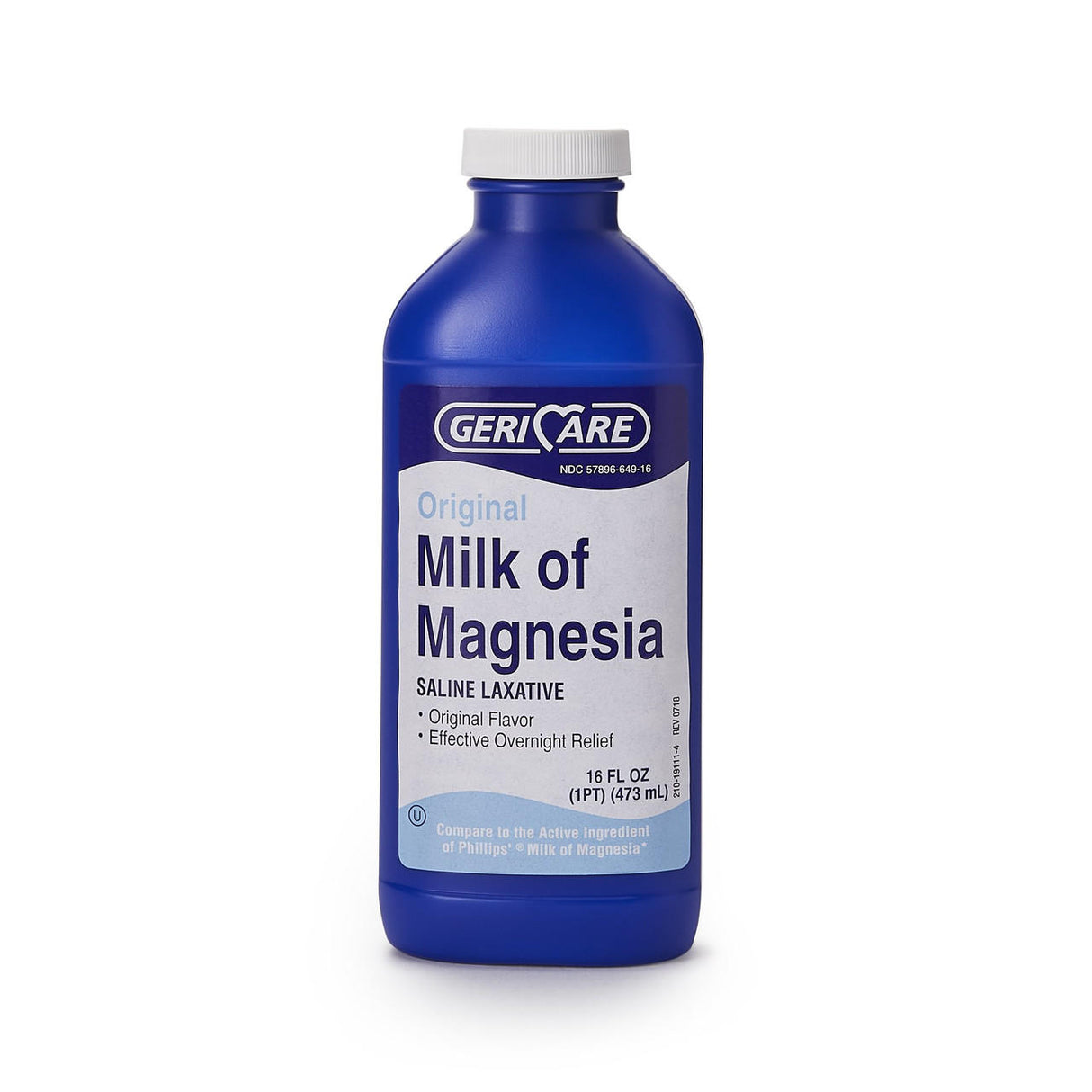 A blue 16 oz bottle of McKesson Geri-Care Milk of Magnesia Laxative, Original Flavor, 400 mg, features a white label with product name and overnight relief information.