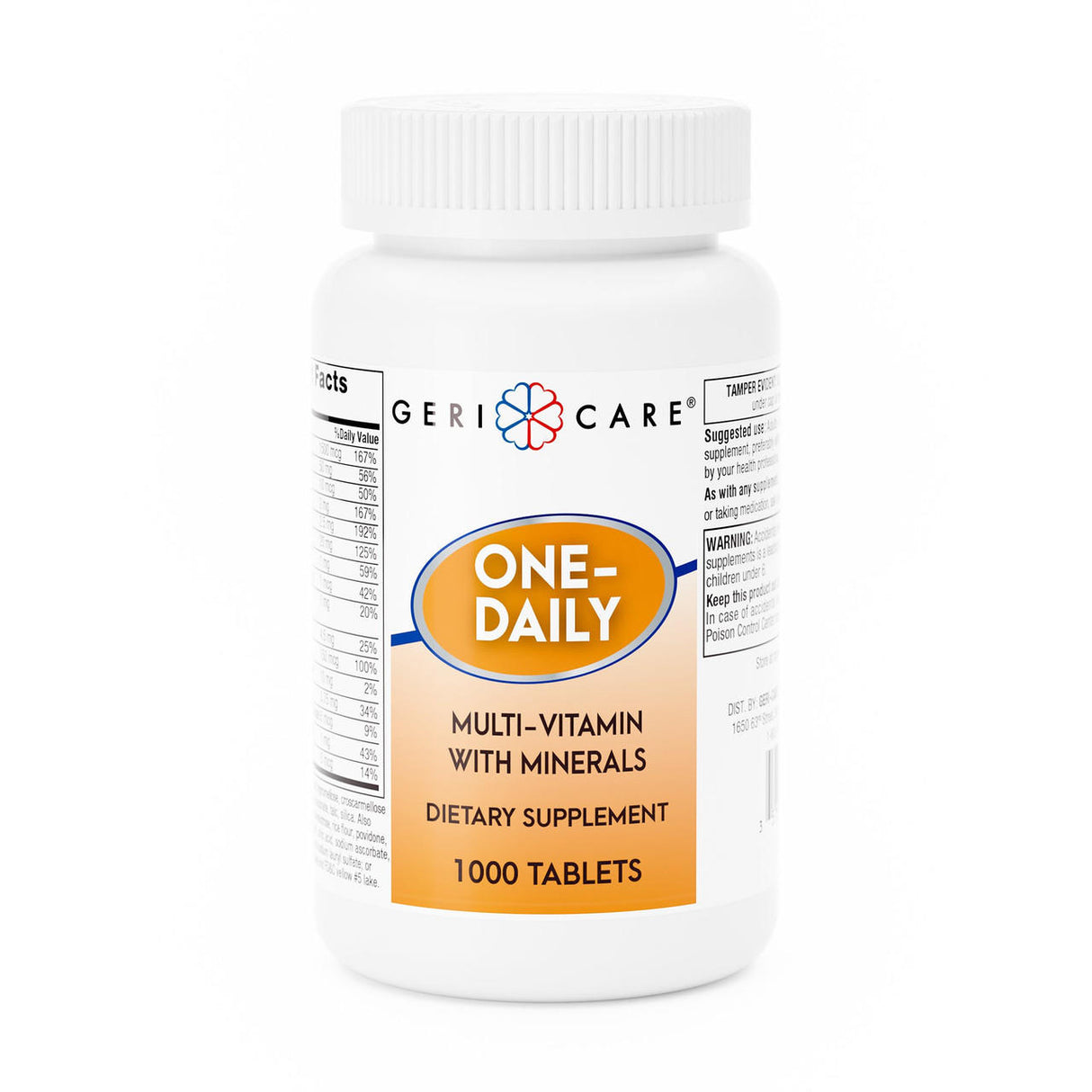 A white bottle of McKesson Geri-Care One-Daily Multivitamin with Minerals contains 1000 tablets. The yellow and white label notes it as a once-daily supplement; some supplement facts are visible on the side.
