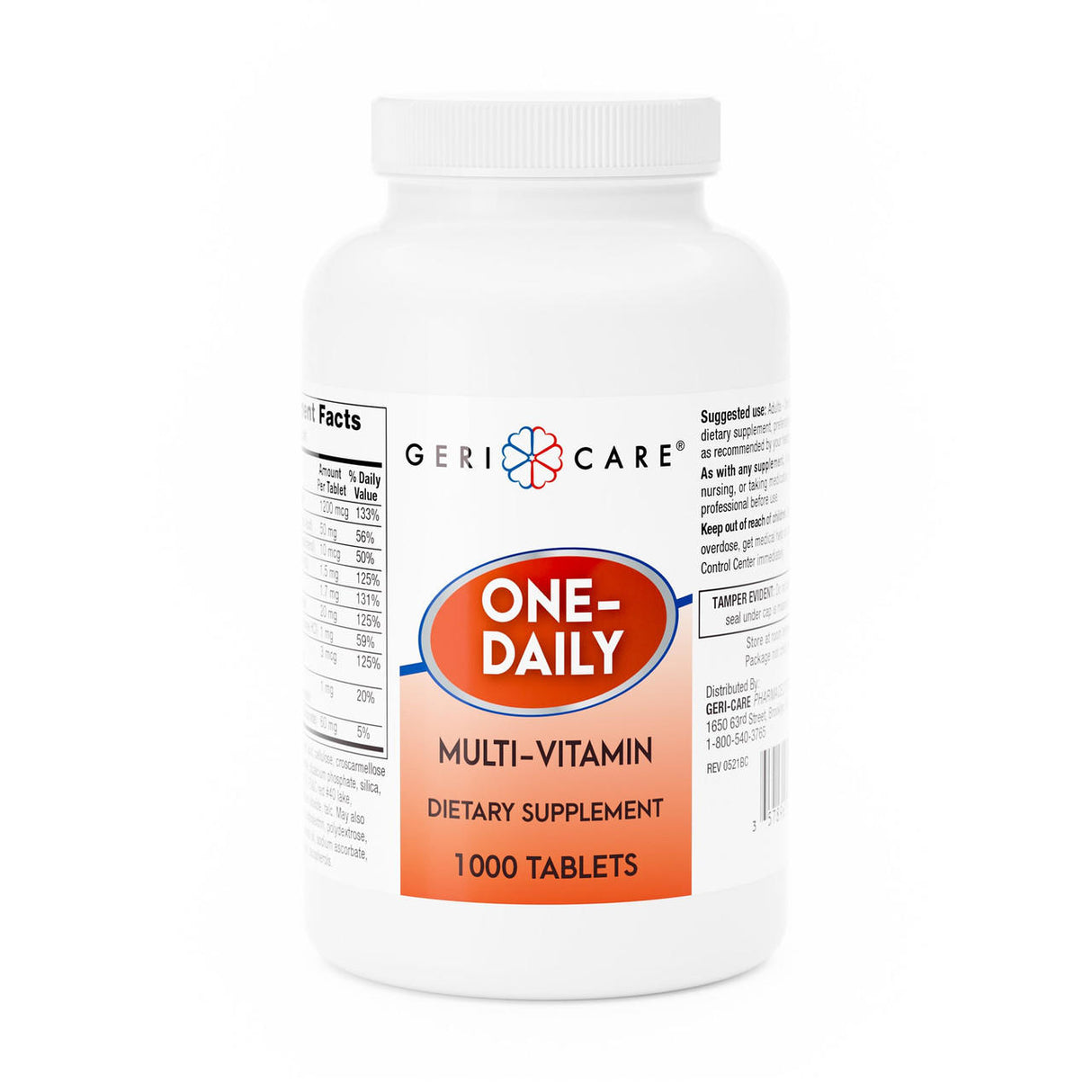 A white bottle labeled McKesson Geri-Care One-Daily Multivitamins, containing 1000 tablets, with nutrition facts and suggested use info visible on the side.